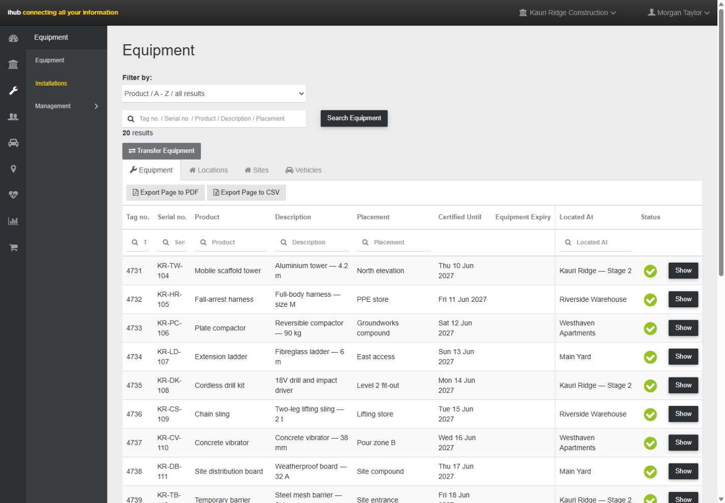 ihub web equipment register showing location, certification and status using fictional equipment and project records